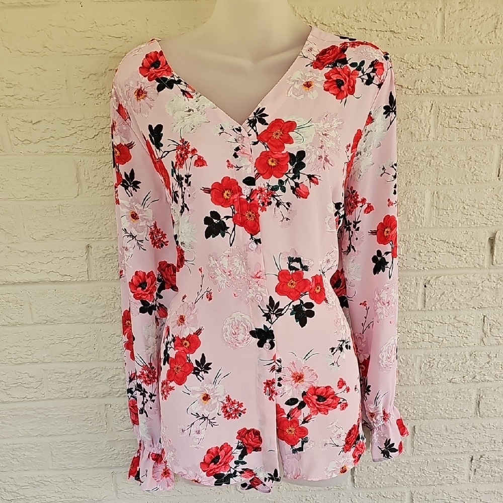 Tahari Pink V-Neck Notched Collar Blouse